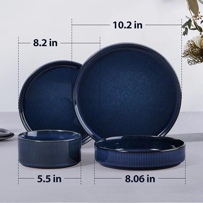 LIANYU Dinnerware Sets with Pasta Bowls, 8 Piece Ribbed Plates and Bowls for 2, Modern Ceramic Stoneware Dishes for Kitchen Dining, Microwave and Dishwasher Safe, Twilight Blue