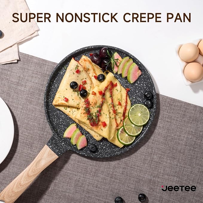 JEETEE Crepe Pan Nonstick, 9.5 Inch Comales Para Tortillas Griddle Pan for Stove Top, Granite Coating Flat Pancake Pan Dosa Tawa, PFOA FREE and Induction Compatible (Grey)