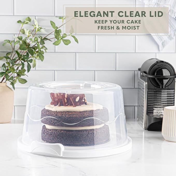 EXTRA LARGE & EXTRA STURDY Cake Carrier, Cake Stand with Lid and Foldable Handles - Multifunctional Serving Platter and Cake Plate - Cake Container with Dome and Strong Snaps 13 x 13 x 7 inch (White)