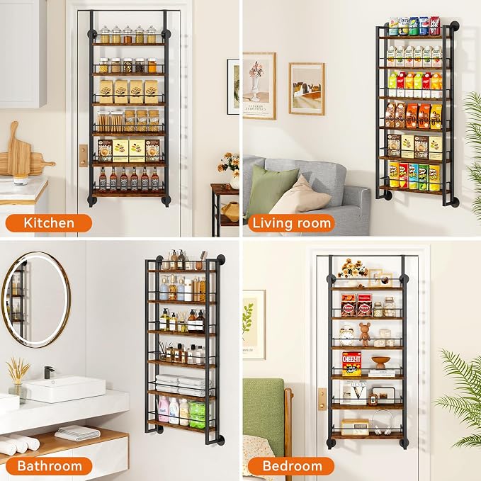 IBUYKE 6 Tier Over The Door Pantry Organizer,Wall Mounted Spice Rack,Door Hanging or Wall,Adjustable Hanging Storage Shelves,Spice Organization for Kitchen cabinet,Bathroom,Closet,Brown UTLJ028H