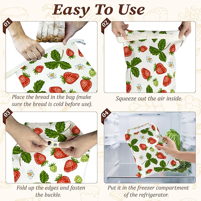 Bread Bags for Homemade Bread, Red Strawberries Leaves Flower 2 Pack Linen and Beeswax Sourdough Storage Bags, Reusable Keeper, Keeps Breads Fresh Longer, Gifts for Bakers