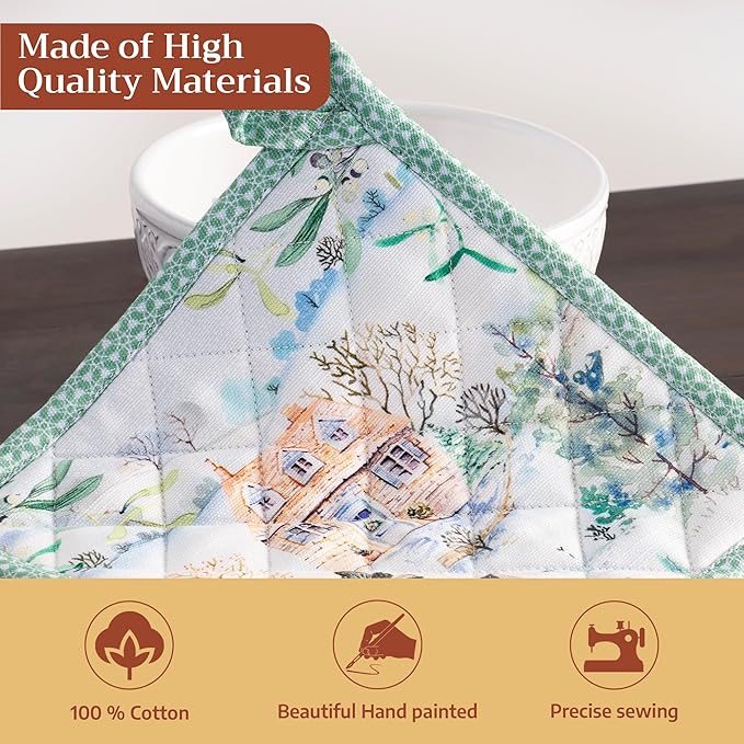 Maison d' Hermine Pot Holders 100% Cotton Heat Resistant Potholders 8" x 8" Hot Pads with Loop for Thanksgiving Christmas Decorations BBQ Cooking Baking Handling Hot Pans (Pack of 1, Snowy World)