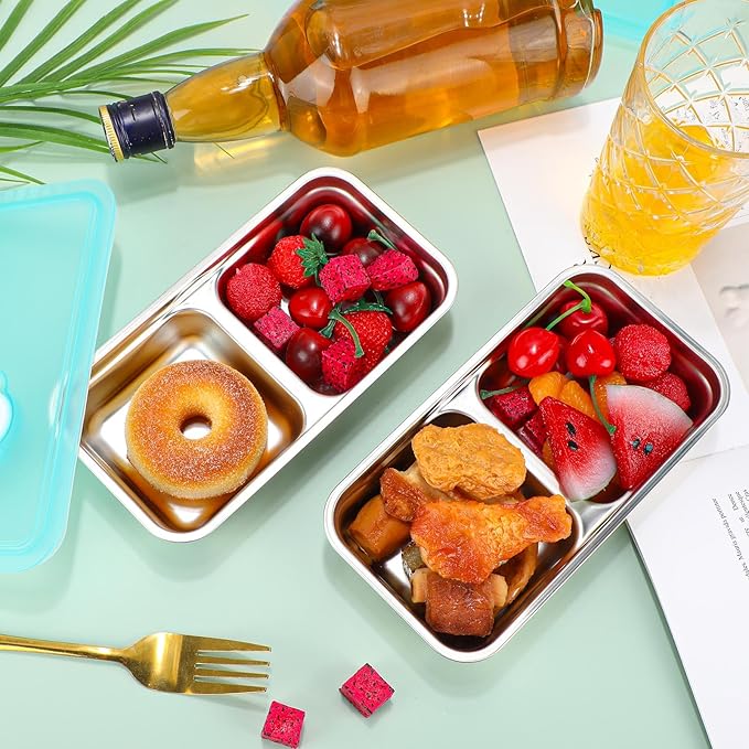 Teenyyou 6 Pcs Stainless Steel Snack Containers 30 oz 2-compartment Meal Prep Containers Reusable Metal Divided Bento Box with Silicone Lids Leakproof Lunch Box Dishwasher Safe (Blue)