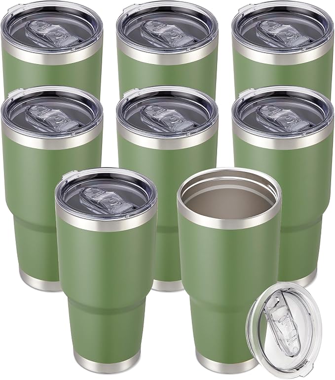30 oz Tumbler with Lid Stainless Steel Tumblers Bulk Vacuum Insulated Cup Reusable Powder Coated Travel Mug Double Wall Leak Proof Cups Keep Cold Drinks for 12 Hours Army Green, Set of 8