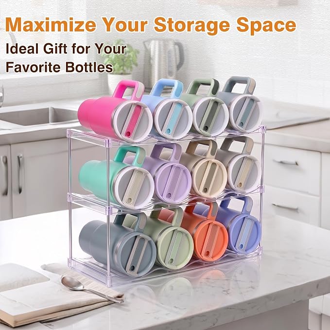 Large Compartment Water Bottle Organizer, Stackable Water Bottle Holder for Stanley 40 oz Tumbler, Clear Tumbler Organizer for Cabinet, Kitchen Pantry or Countertop, 3 Pack (3 Pack)