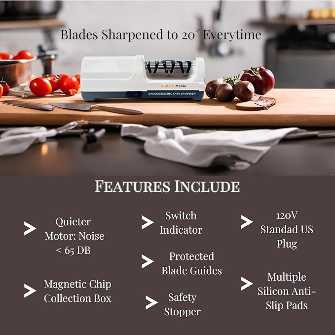 Simple Sharp Professional Electric Knife Sharpener | 3 Stage Precision Sharpening System for Straight and Serrated Blades with Diamond Abrasives | Effortless Precision Sharpening (White)