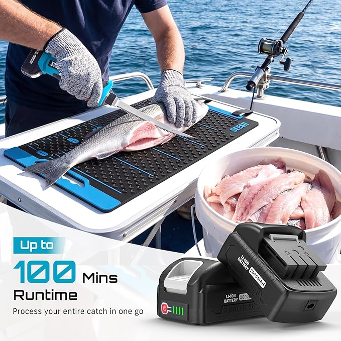 Seesii Cordless Electric Fillet Knife with 4 Blades, 100 Mins High Speed Filet Knife for Fish, Ergonomic Non-Slip Grip, Safty Lock, Carry Bag Kit for Filleting and Meat Slicing