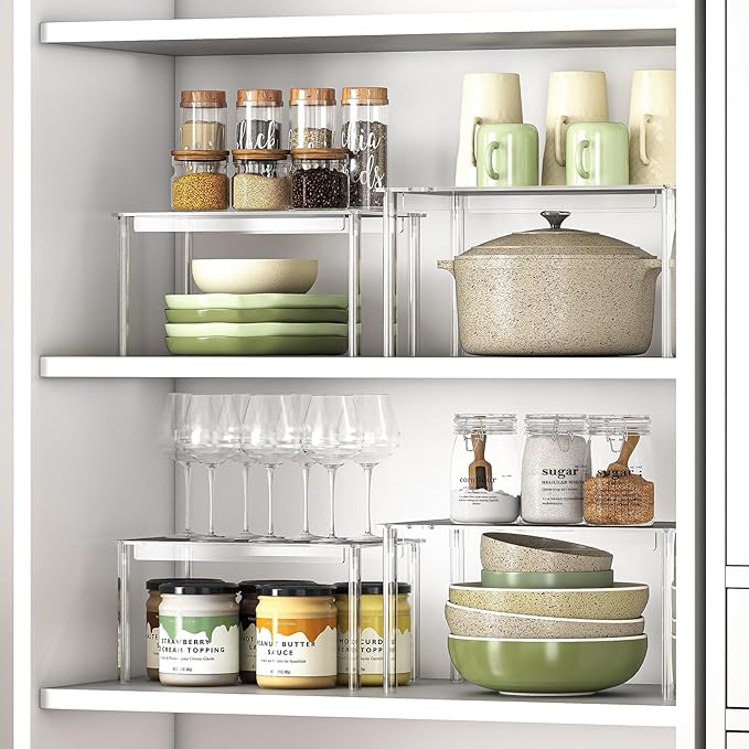 Delamu 4 Pack Bathroom Organizers and Storage, 2 Tier Clear Under Sink Organizer & Set of 4 Acrylic Cabinet Organizer Shelf for Kitchen