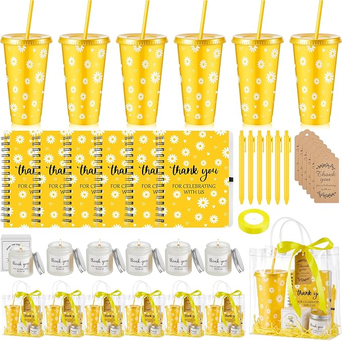 Nuogo 6 Sets New Parent Shower Prizes for Player Winners Adult, Wedding Bridal Shower Gift, Plastic Tumbler Notebook Scented Candle Ballpoint Pen Bag (Yellow Color,Daisy Style)
