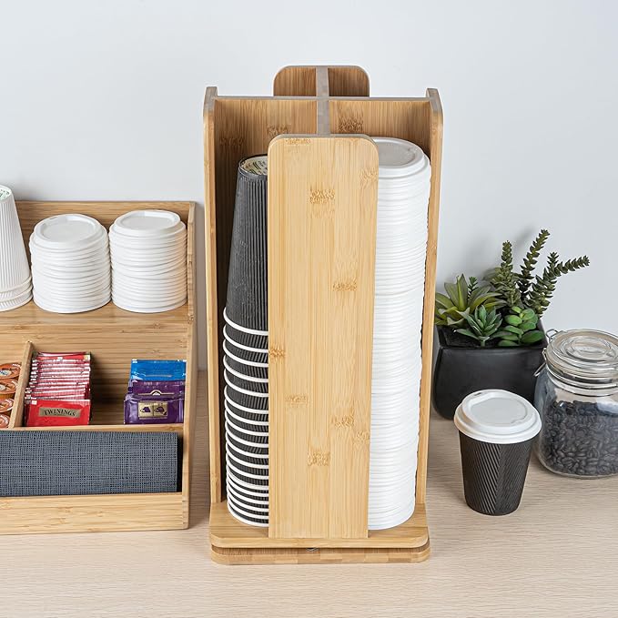 Restaurantware Restpresso 9 x 18 Inch Coffee Cup and Lid Organizer 1 Revolving Cup and Lid Holder - 4 Section Countertop Natural Bamboo Cup and Lid Dispenser For Restaurants Homes or Offices
