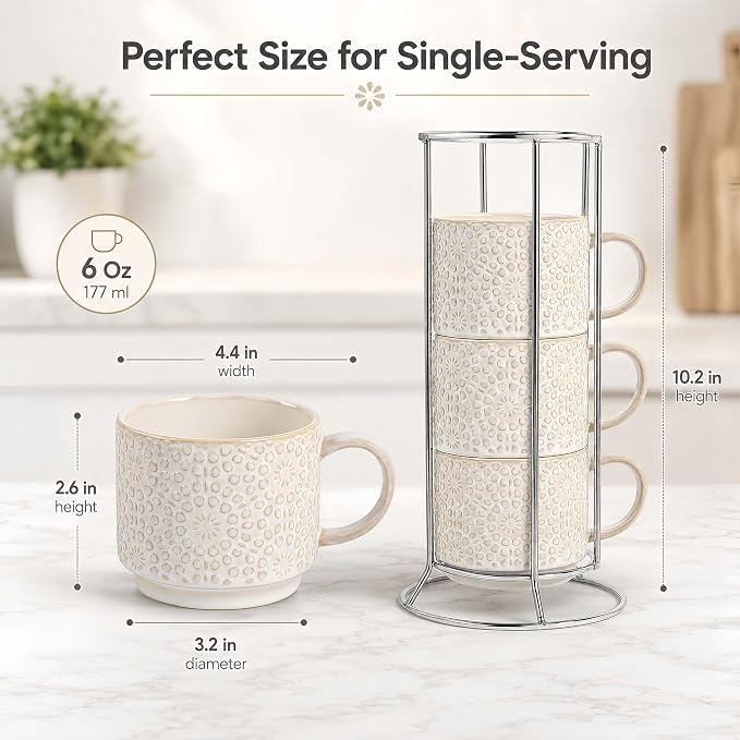 6 Oz Coffee Cups Set of 4, Stackable Espresso Cups with Metal Stand, Ceramic Cappuccino Cup, Embossed Coffee Mugs for Latte, Cocoa, Mocha, Tea, Housewarming Present, Dishwasher Safe