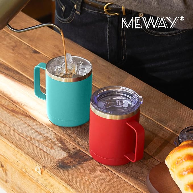 MEWAY 12oz Coffee Mug With Handle 4 Pack Bulk,Stainless Steel Insulated Travel Tumblers With Sliding Lid,Double Wall Vacuum Camping Cup for Hot & Cold Drinks Tea (Red,Set of 4)