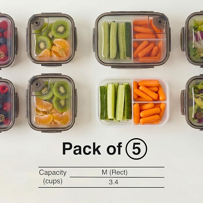 BPA-Free Plastic Airtight Food Storage Containers with Vented Lids, 5-Pack (3.4 Cups Each) for Meal Prep and Leftovers