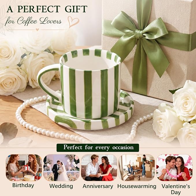 Thenshop 2 Set 8 oz Large Espresso Cups with Saucer, Striped Ceramic Coffee Mugs Great for Tea Hot Chocolate, Microwave Safe, for Women, Men, Modern, Unique Style for Kitchen, Office