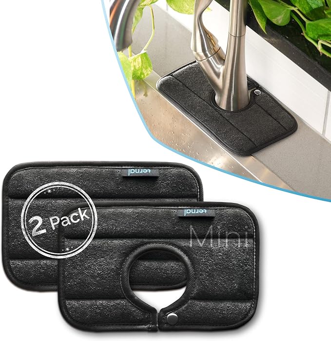 The Original Machine Washable Kitchen Sink Mat by Ternal, Absorbent Microfiber Fabric with Anti-Slip Silicone Backing, Splash Guard and Drip Catcher Around Faucet Handles. [2 Pack] (Black, Mini 9in)