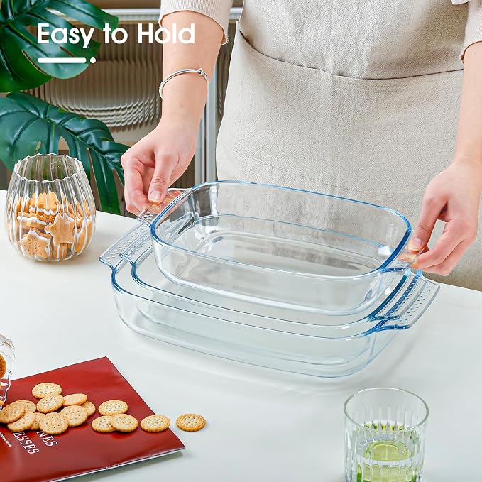 Large Glass Baking Dish Set, Easy Grab Oven Safe Glass Pan for Cooking 2 QT+2.7 QT+3.3 QT