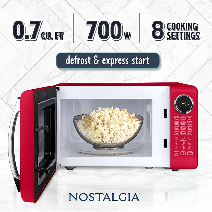 Nostalgia Modern Retro Compact Countertop Microwave Oven - 0.7 Cu. Ft. - 700-Watts with LED Digital Display - Child Lock - Easy Clean Interior - Red