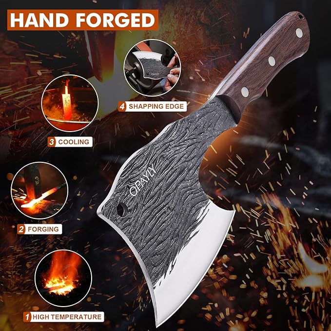 OPAYLY Heavy-Duty Bone Chopper Knife Hand Forged Meat Cutting with Cover Meat Bone Cleaver Knife High Carbon meat knife for Kitchen Outdoor Camping BBQ men gifts