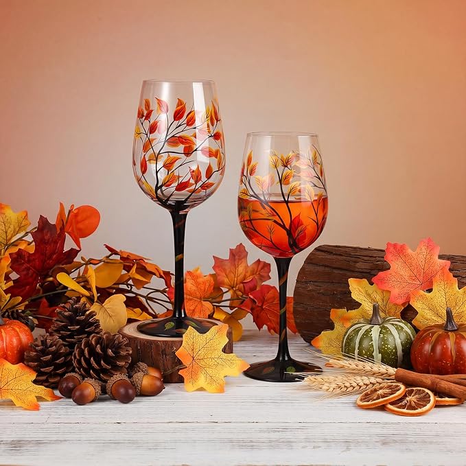 SiliFine 2 Pcs Autumn Fall Leaves Theme Party Stemmed Wine Glasses Hand Painted Drinking Cup Wine Glasses Gifts for Birthday Theme Holiday Party Supplies