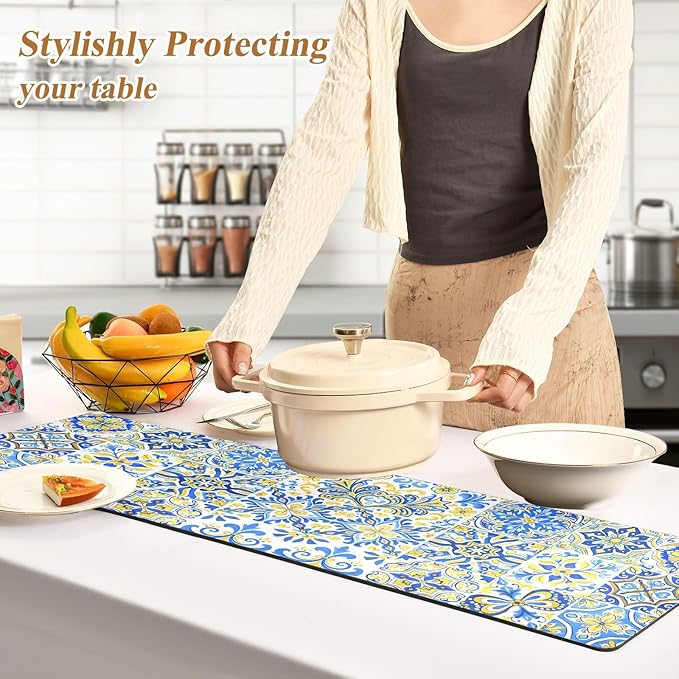ALAZA Blue and Yellow Azulejos Tiles Trivet Table Runner 40 Inches Long Trivet for Hot Pots and Pans/Hot Dishes,Table Protector Heat Up to 230F, Decorative Hot Plates Mat for Kitchen Countertop
