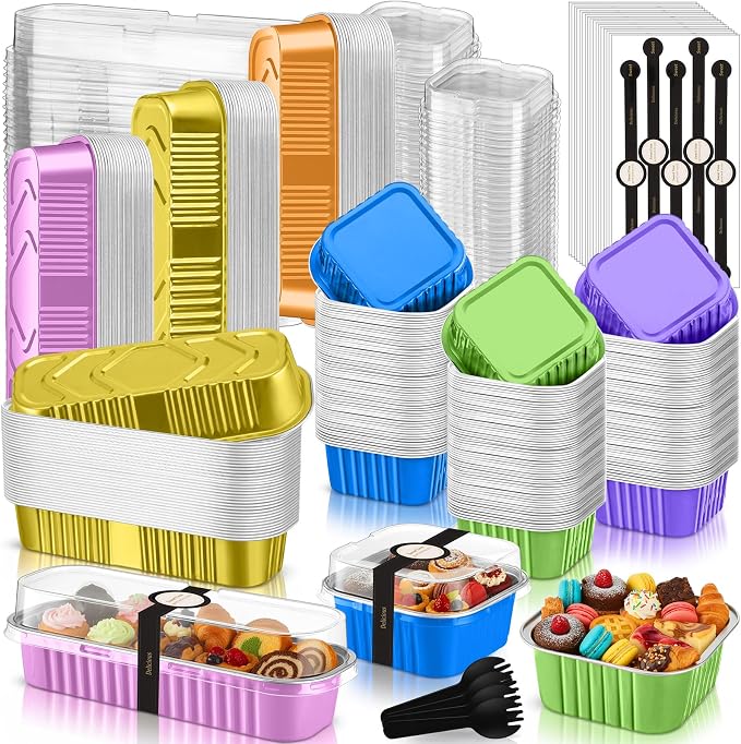 LemonRoad 120 Pcs Mini Loaf Pan with Lids and Spoons 6.8oz Rectangular Aluminum Foil Bread Pan 5oz Square Cake Cup with Decal Disposable Baking Supply for Graduate Wedding Birthday (Candy Colors)