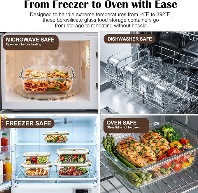 4 Pack Glass Meal Prep Containers with Glass Lids, Plastic-Free Glass Food Storage Containers, Multi-Size Glass Food Prep Containers for Lunch, Leftovers, Microwave, Freezer (12, 21, 35, 50 oz)