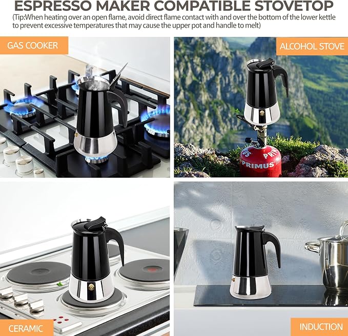 4 Cup 200ml Moka Pot Stainless Steel Espresso Coffee Maker Stovetop Coffeemaker Italian Classic Style Brewing Greca Cafe Mocha Machine for Cafeteras Lover Camping Travel and Home Use 6.6oz