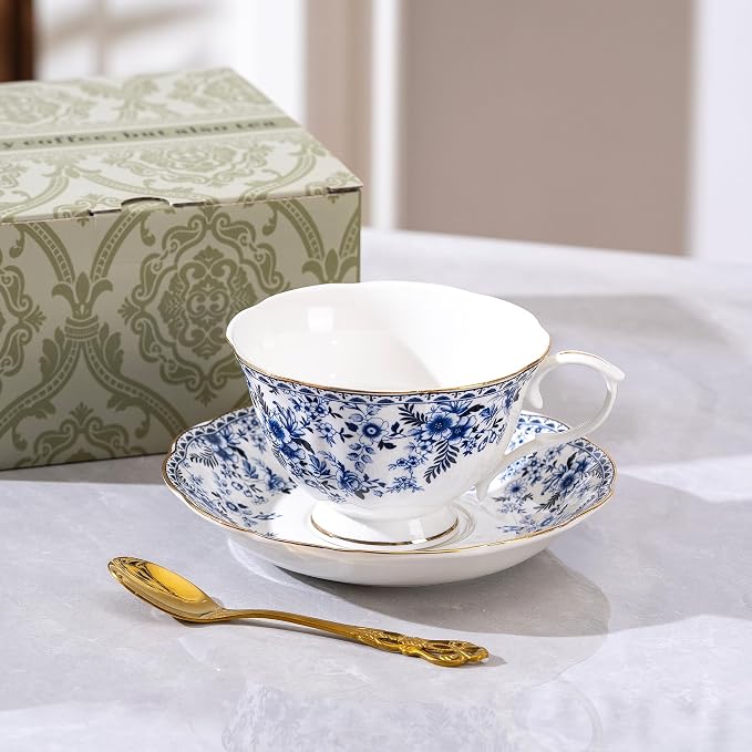 fanquare Porcelain Tea Cup and Saucer with Gold Trim, 8 oz Blue Floral British Coffee Cup with Spoon for Women Tea Parties