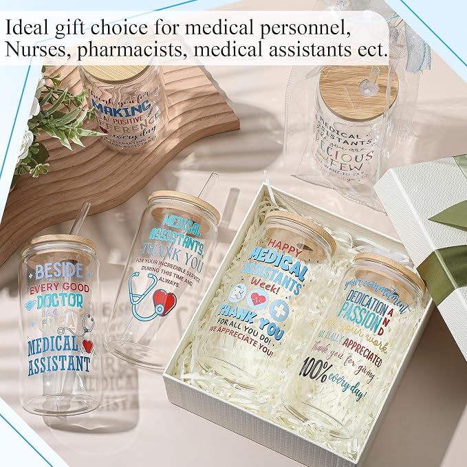 Mumufy 6 Sets Medical Assistants Glass Cups with Clear Gift Bag 16 oz Reusable blue Iced Coffee Mugs Aesthetic Cute Tumbler with Lids and Straws, Gifts for Girls Women Bridesmaid