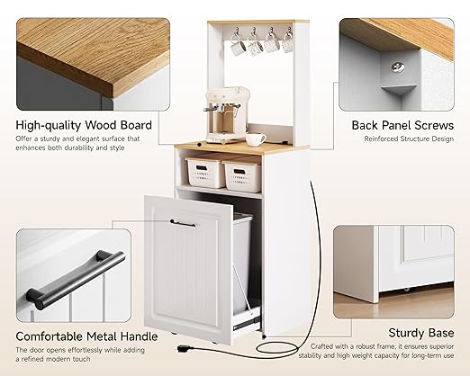 ZIFTY 10 Gallon Pull Out Trash Can Cabinet with Charging Station, Pet Proof Freestanding Kitchen Trash Bin Cabinet with Hooks, Coffee Bar, Wooden Garbage Recycling for Kitchen, Living Room