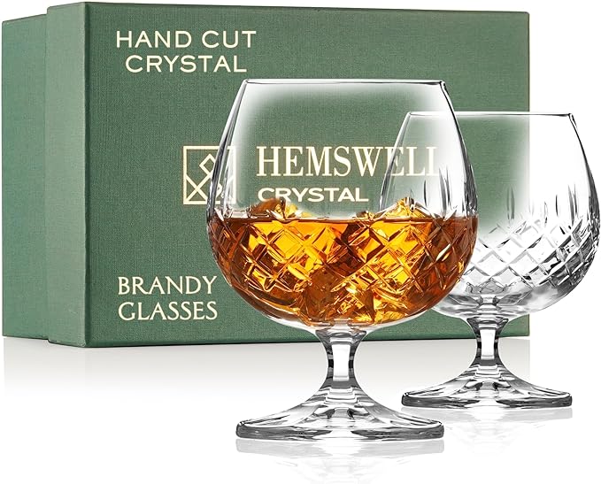 Brandy Snifter Glasses Set of 2 - Small Cut Glass Goblets | for Scotch or Cognac - Diamond Cut Glasses - European Crystal 8.5oz