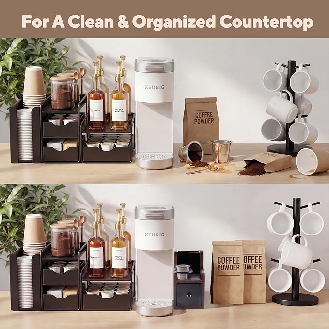 Coffee Pod Maker Stand, Solid Wood Reusable K-Cup Filter Holder & Filling Station with Coffee Ground Storage Drawer & Waste Bin, Countertop Wood Coffee Bar Organizer, Easy Daily Refill (Walnut)