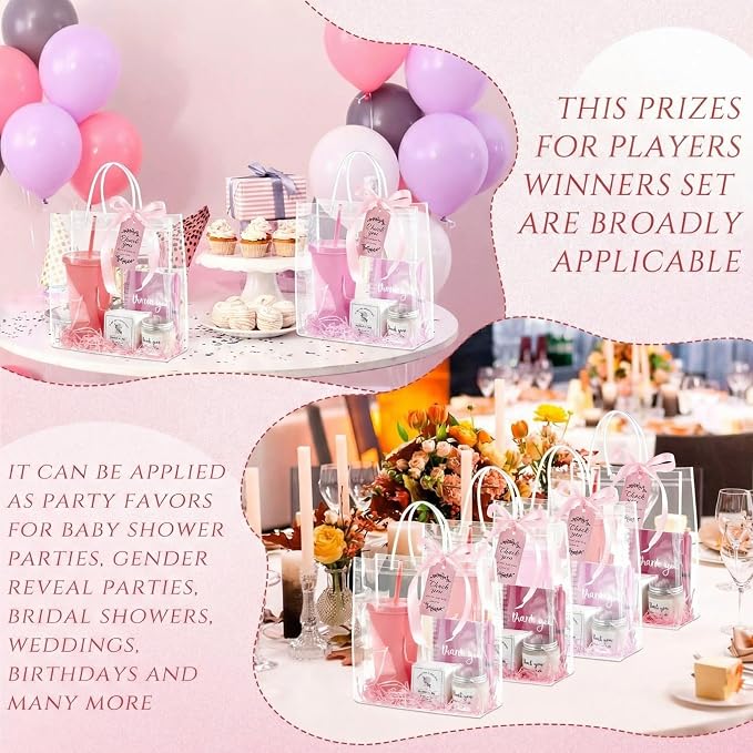 Nuogo 6 Sets New Parent Shower Prizes for Player Winners Adult, Wedding Bridal Shower Gift, Plastic Tumbler Notebook Scented Candle Ballpoint Pen Bag (Gradient Pink,Classic Style)