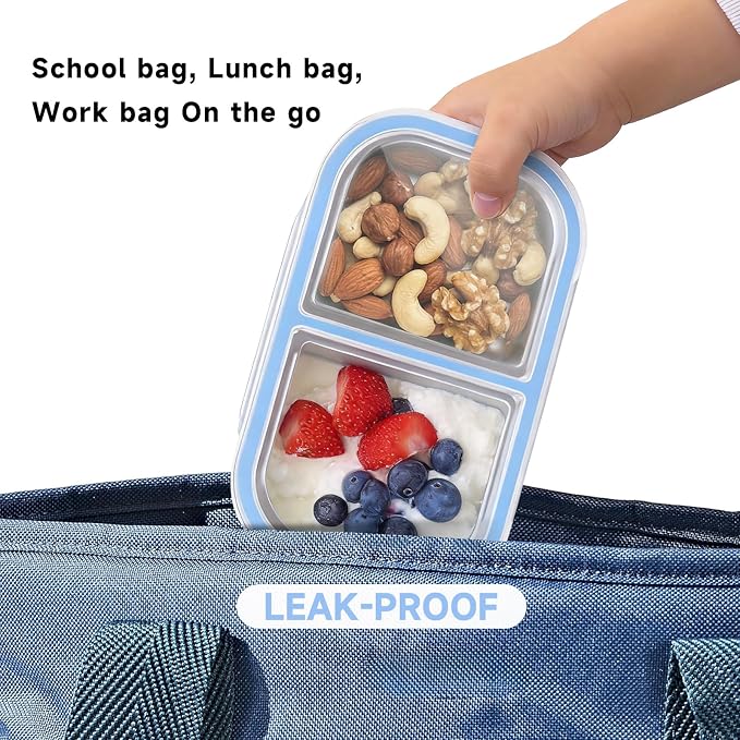 3 Pack Stainless Steel Snack Containers, 2 Compartment Reusable Metal Snack Boxes Containers with Leak-Proof Lids, Compact Lunch Box Food Storage Container