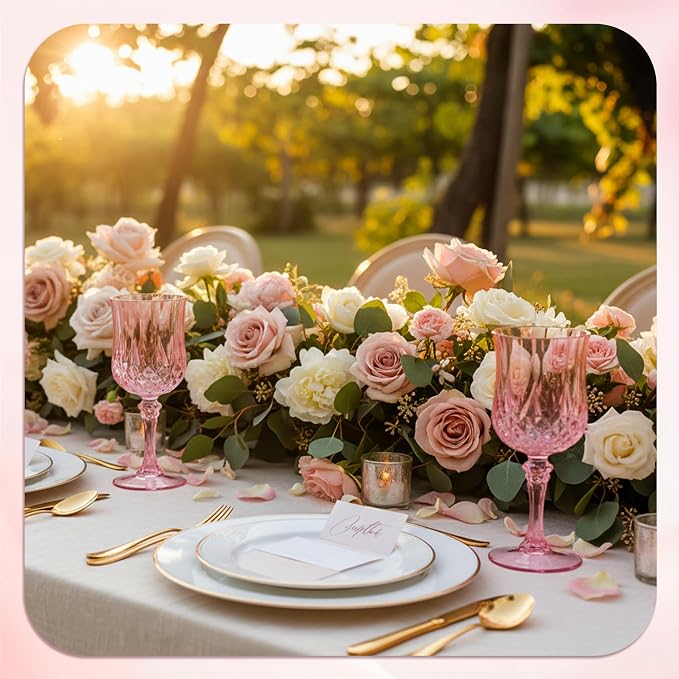 7OZ Plastic Wine Glasses, Reusable Vintage Goblets Unbreakable Drinking Glasses Crystal Water Cups Champagne for Wedding, Parties (100, Pink)