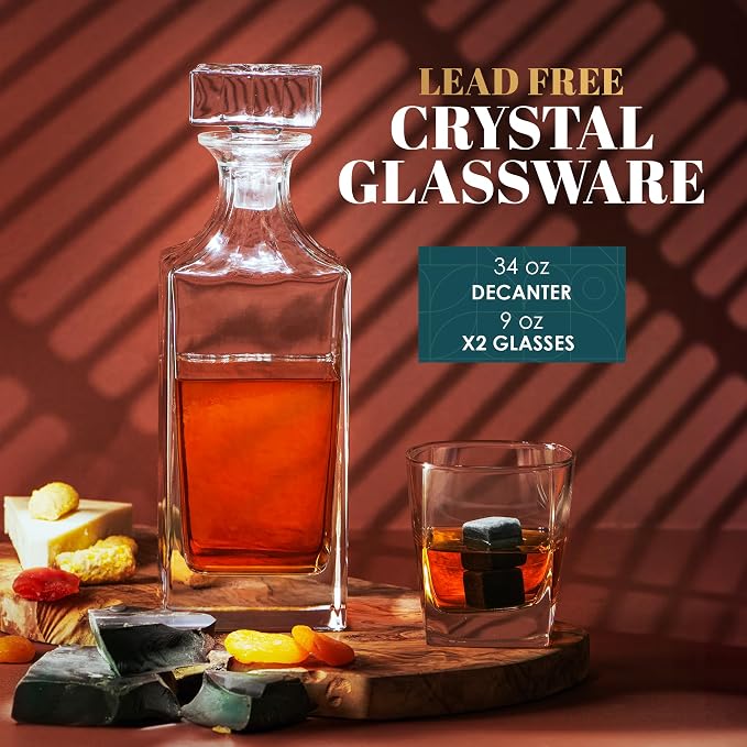 Whiskey Decanter Gift Set by Royal Reserve – Liquor Bourbon Decanter 24 oz 750 ml with Glasses, Chilling Stones, Coasters and Tong – Whiskey Gifts for Men, Husband, Dad, Boyfriend