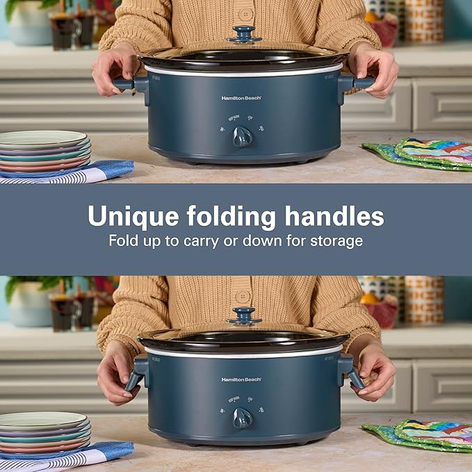 Hamilton Beach 6 Quart Slow Cooker with Space-Saving Folding Handles, 3 Heat Settings, Dishwasher Safe Stoneware Crock and Glass Lid, Kitchen Makeover Blue (33608)