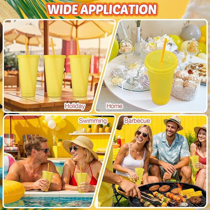 Honeydak 15 Pack Tumbler with Straw and Lid Bulk Cups for Gifts Glitter Plastic Coffee Cups 24-27 oz Reusable Water Bottle Iced Coffee Travel Mug Party Favors for Birthdays Travel (Yellow)