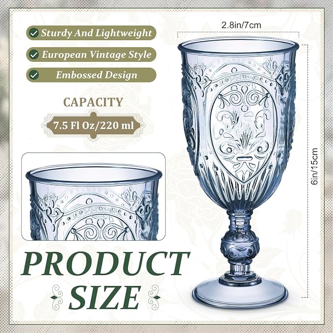 Wiwiqing 6 Pcs Plastic Goblets 7.5oz Vintage Goblet Plastic Wine Glasses Colored Retro Embossed Water Goblets for Wine Bar Juice Baby Shower Wedding Reception Grand Event Party (Blue)