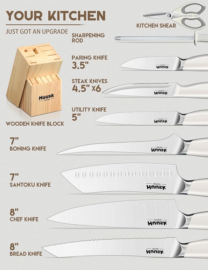 Huusk Knife Set with Block - 14 Pieces Japanese Stainless Steel Knives Blocks Set for Kitchen with Ergonomic Ivory White Handle Natural Wood Block Housewarming Gift for Women Men