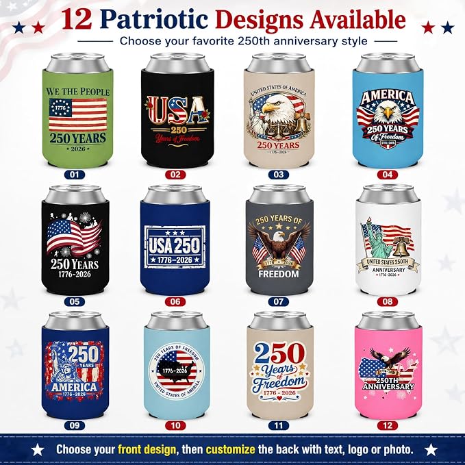 300 Pcs Custom 4th of July American Can Cooler Sleeves, 250th Anniversary USA Patriotic Neoprene Drink Holder for Memorial Day Independence Day Party Favors Decorations Gifts