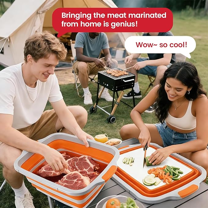 BBQ Prep Tub 3-IN-1 Large 30L Collapsible Cutting Board with Locking Lid for Meal Prep Marinating Food, Camping Sink with Colander, Dish Basin, Storage Blanket for Camping Picnic BBQ, Orange