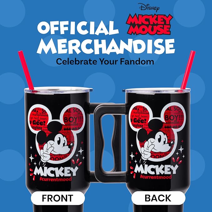 Silver Buffalo Disney Classic Mickey Mouse Hashtag Current Mood “#currentmood” Double Walled Stainless Steel Tumbler with Handle and Straw, Fits in Standard Cup Holder, 40 Ounces