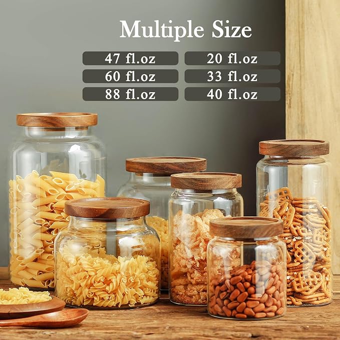 Labina Glass Storage Container Airtight Food Jars Kitchen Canister with Wood Lids, 20 Oz Wide Mouth Pantry Organization Glass Jar for Flour, Sugar, Cookie, Spagetti, Nuts and Candy (2 Pack)