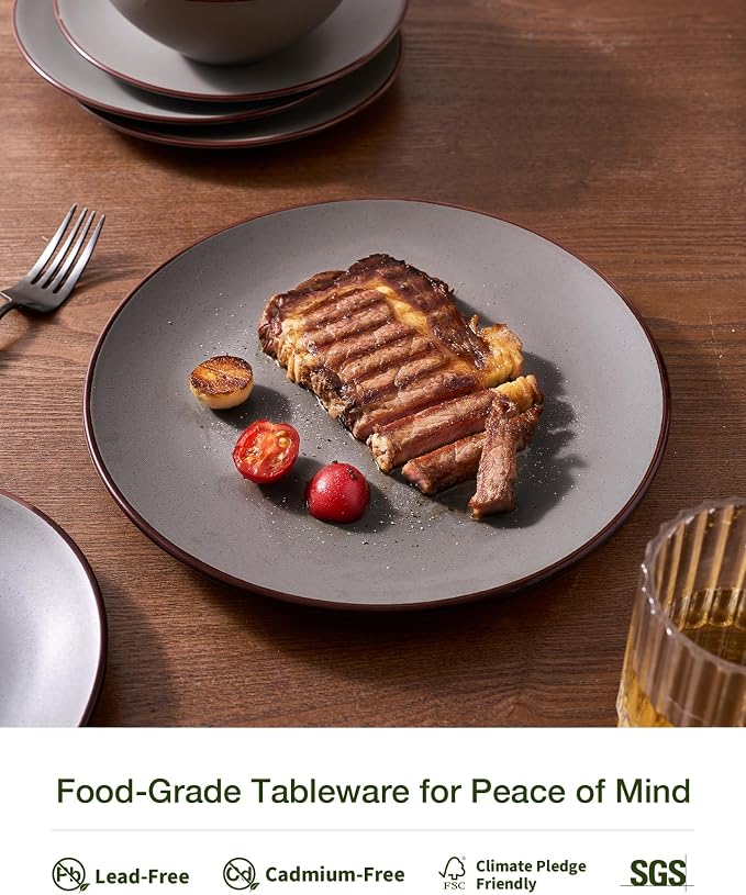 Famiware Venus Stoneware Dinnerware Set with Pasta Bowls for 4, 16-Piece Speckled Plates and Bowls with Trim, Matte Dark Gray - Chip‑Resistant Dishes for Everyday/Formal Use, Microwave/Dishwasher Safe