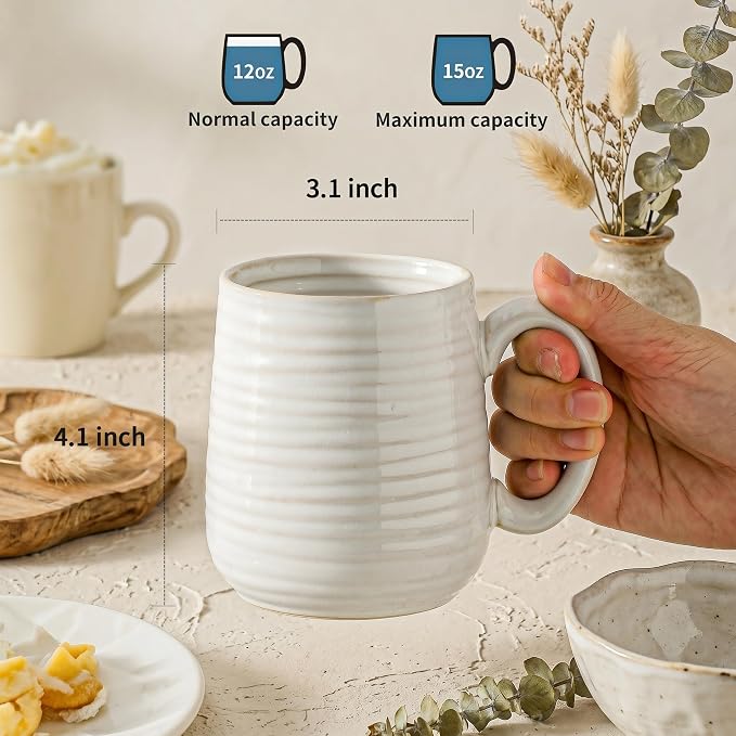 Coffee Mugs, 15 Ounce Coffee Cups Set of 6, Ceramic Tea Cups for Latte Milk Cappuccino Cocoa Mocha, Creamy White Mugs with Handle for Mom and Dad as Gifts, Dishwasher & Microwave Safe