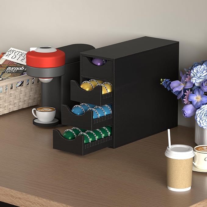 Suli Coffee Pod Holder, Coffee Capsule Storage Organizer, Save Space Coffee Pod Organizer for Countertop, Extra Large Storage Rack with Drawer, 4 Tier,104 Pods,Wood,Black
