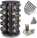 Tianifa Black Countertop Revolving Spice Rack, Empty 20-Jars Rotating Spice Rack Organizer, Round Carousel Tower, 135 Spice Labels with Funnel Complete Set, for Kitchen Countertop, Cabinet