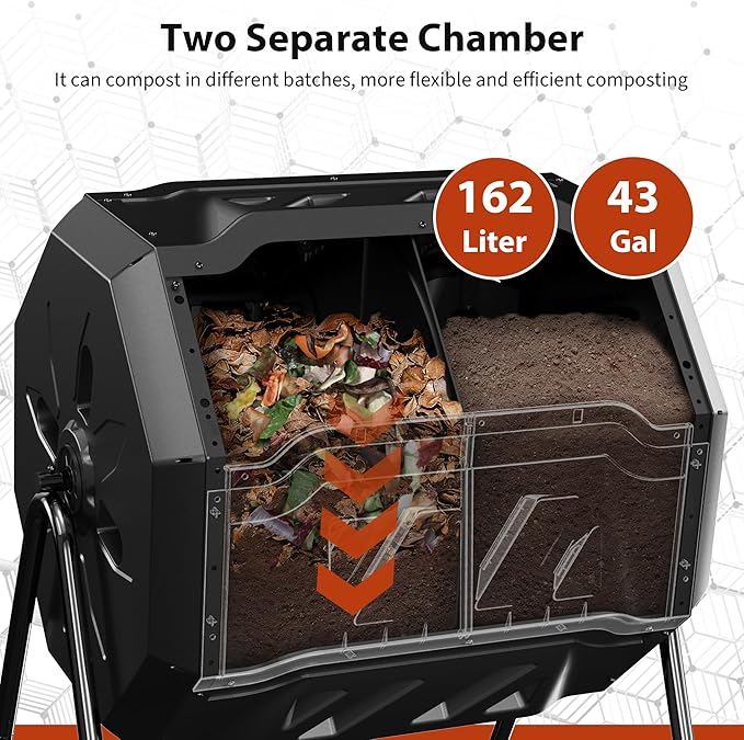Compost Bin Outdoor, 43-Gal Dual Chamber with Steel Frame, Lagre Compost Tumbler with 2 Sliding Door and Aeration System, 360° Rotating, Tumbling Composter Bin for Kitchen, Garden, Yard, Black Yellow