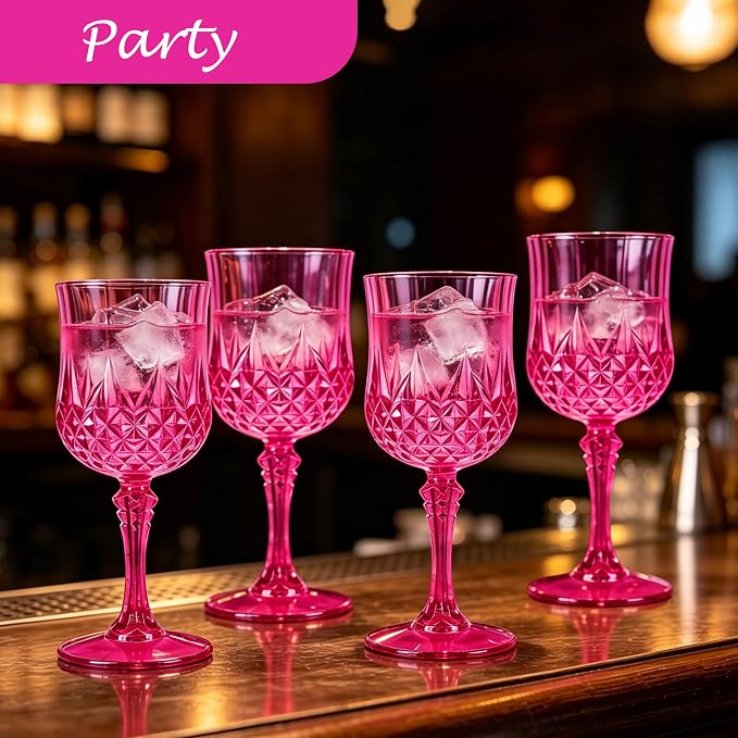 Plastic Wine Glasses, Plastic Goblets Vintage Style Cordial Unbreakable Drinking Glasses, Reusable Drinkware for Wedding Reception, Grand Event Party Supplies (24, Hot Pink)